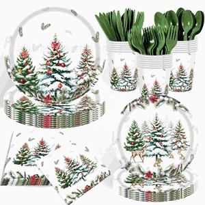 Assiettes, gobelets et serviettes en papier à thème Noël Neige Blanche – Kit de fournitures de fête jetables – Vente chaude – Écologique - Product Image 1