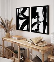 Décoration murale abstraite moderne minimaliste en lignes noires et blanches sur toile, 12x16 pouces, encadrée en bois, lot de 2 pour salon et chambre à coucher