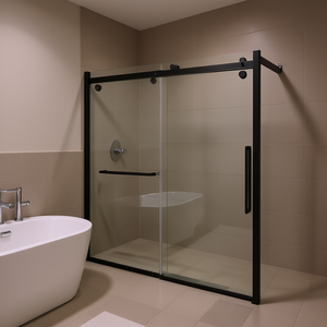 Porte de douche coulissante en verre sans cadre 56-60W X 76H avec quincaillerie noire mate et barre porte-serviettes - Product Image 2