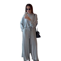 İslami Giyim Kadın 3 Parça Ev Giyim Seti Moda Günlük Düz Renk Hırka Üst Pantolon Takımı Jersey Müslüman Kadın Abaya Seti