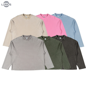 T-shirt gaufré uni 260g à manches longues pour homme, style <span class=keywords><strong>streetwear</strong></span> décontracté, coupe épaules tombantes, motif gaufré vintage américain - Product Image 2