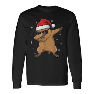 T-shirt a maniche lunghe con cappello da Babbo Natale Capybara e luci natalizie - Product Image 1