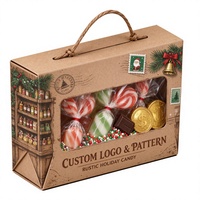Boîte à bonbons en papier brun rustique avec logo personnalisé, poignée en corde torsadée, fenêtre transparente et impression de sceau postale pour cadeaux de Noël