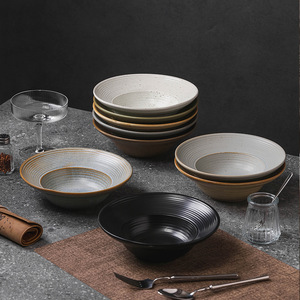 Ciotola per cappello di paglia filettata in ceramica grossolana fatta a mano in stile giapponese retrò piatti per insalata di <span class=keywords><strong>Pasta</strong></span> piatto per zuppa di casa - Product Image 1