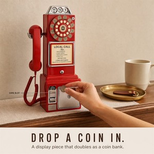 Téléphone fixe vintage rouge avec fente à monnaie chromée et porte de boîte à monnaie verrouillable - Product Image 2