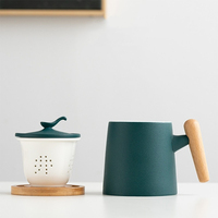 Mug à thé en céramique personnalisé avec logo, 15 oz, rouge, vert, noir, blanc, avec infuseur, couvercle, sous-verre, poignée en bois, boîte cadeau