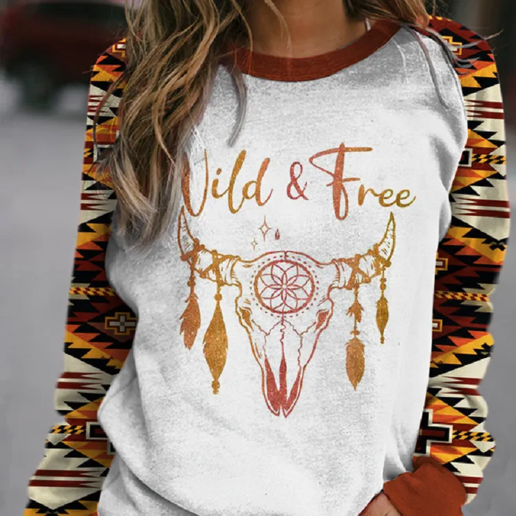 Fall autumn long sleeve western aztec printed vintage t shirts basic women womens clothing plus size blouses tops 2022