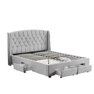 Cadre de lit de rangement moderne en velours gris capitonné <span class=keywords><strong>avec</strong></span> 4 tiroirs pour chambre à coucher, sommier à lattes et tête de lit incurvée à boutons en losange - Product Image 4