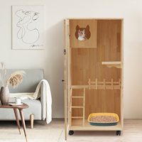 Maisonnette pour chat d'intérieur en bois, grande enclos pour chat d'intérieur avec roulettes, idéale pour chats domestiques et cafés pour chats - Vente chaude