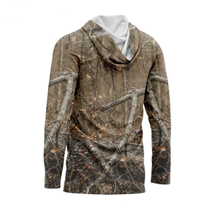 Pakaian berburu pria kustom desain baru poliester penuh cetak <span class=keywords><strong>Camo</strong></span> Mossy Oak lengan panjang bertudung kemeja berburu dengan masker wajah - Product Image 3