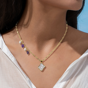 สร้อยคอจี้ที่ทนทานและไม่ก่อให้เกิดอาการแพ้ของผู้หญิงที่สวยงามด้วยหินสี่เหลี่ยมธรรมชาติทรงเรขาคณิตสไตล์อินเทรนด์สำหรับเป็นของขวัญ - Product Image 1