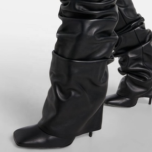 Women's Pleated Upper Long Pants <b>Boots</b> High Thin Heels Square Toe Overlay Shoes Dress Stiletto Knee High Booties - Product Image 2