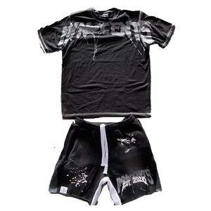 Custom Logo Design Casual Vintage Cotton Two-Piece Summer Suit for Men-Acid Wash Shorts and <b>T</b>-<b>Shirt</b> Set - Product Image 4