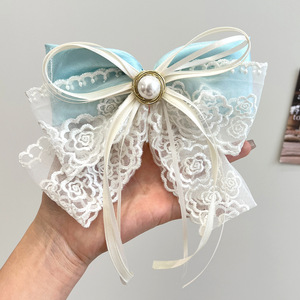 스위트 스타일 공주 소녀 레이스 리본 헤어 클립 요정 머리 장식 리본/자수 롱 테일 리본 바레트 - Product Image 4