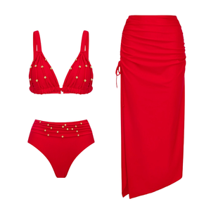 Wholesale Women Red <b>3</b> <b>Piece</b> Swimwear Luxury Studded High Waist <b>Bikini</b> Set with Matching Side Ruching Maxi Skirt Beach Cover Up - Product Image 1