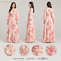 Robe décontractée élégante en mousseline de soie rose à imprimé floral, col en V, manches longues, taille ample, longueur ras du sol, sexy, pour un usage quotidien