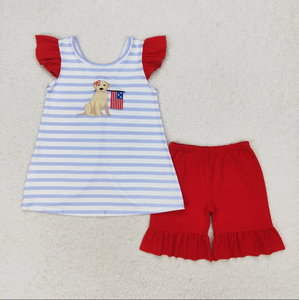 Baby Girls 4th Of July Dog Flag Sibling Rompers Clothing Sets - Product Image 2