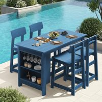 Ensemble de repas d'extérieur avec table haute et 4 tabourets, porte-verres intégré, en HDPE imitation bois pour patio et jardin