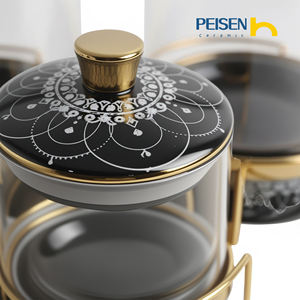 Ensemble de pots de conservation alimentaire en céramique classique, 7 pièces, bocaux en verre, bordure dorée, support en fer, poignée, thé, café, sucre, épices, OEM - Product Image 2