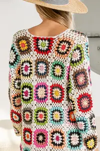 Women Bright Multi Colored Cardigan Crochet Jumper Oversize Cardigan Sweater Retro Long Sweater Patchwork Jacket