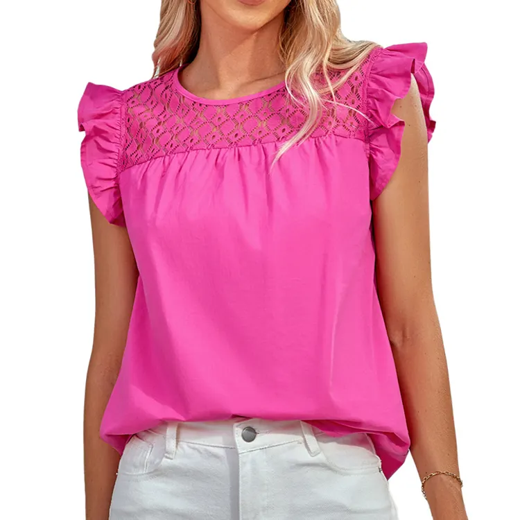 Wholesale fashionable clothing tops crew neck solid ruffle sleeve lace trendy plain female summer shirt blouses