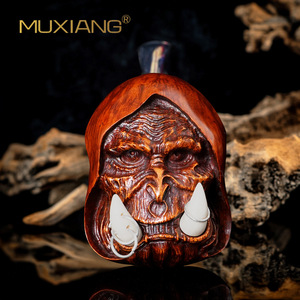 Muxiang Hand Carved Wood Tobacco Pipe Guldan Shape Dark Brown With White Horns Smoking Pipe For Men - Product Image 1