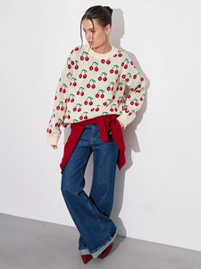 Automne <span class=keywords><strong>hiver</strong></span> pulls Femmes femmes pull <span class=keywords><strong>cerise</strong></span> imprimer doux coupe ample pull pull surdimensionné <span class=keywords><strong>d</strong></span>écontracté femmes pull tricoté - Product Image 5