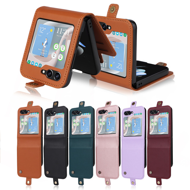 Premium Real Leather Wallets Slim Fit Card Holder Case for Samsung Z Flip 6 Hard PC Protective Flip Phone Cover for Z Flip 6