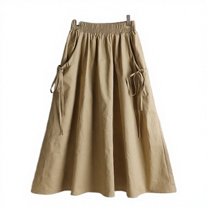 Women's Cotton A-Line Midi <b>Skirt</b> <b>Elastic</b> Waist Solid Color Pocket Drawstring Casual <b>Skirt</b> - Product Image 2