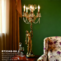 Lampe de table décorative de luxe en laiton antique français, statue de femme, 5 bras, candélabre en cristal, lampe de bureau pour salon