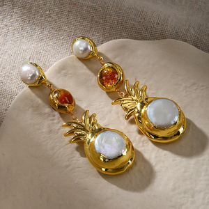 Orecchini Pendenti Placcati Oro alla Moda con Perla Naturale a Forma di Ananas e Vetro Ambrato, <span class=keywords><strong>Gioielli</strong></span> di Tendenza per Donne, Ideali per la Vendita all'Ingrosso - Product Image 4