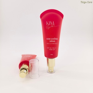 หลอดบรรจุภัณฑ์เครื่องสำอางพลาสติกสีแดงขนาด D30 มม. ปลายกลม พร้อมหัวปั๊มสีทองและฝาใส สำหรับบรรจุรองพื้น - Product Image 3