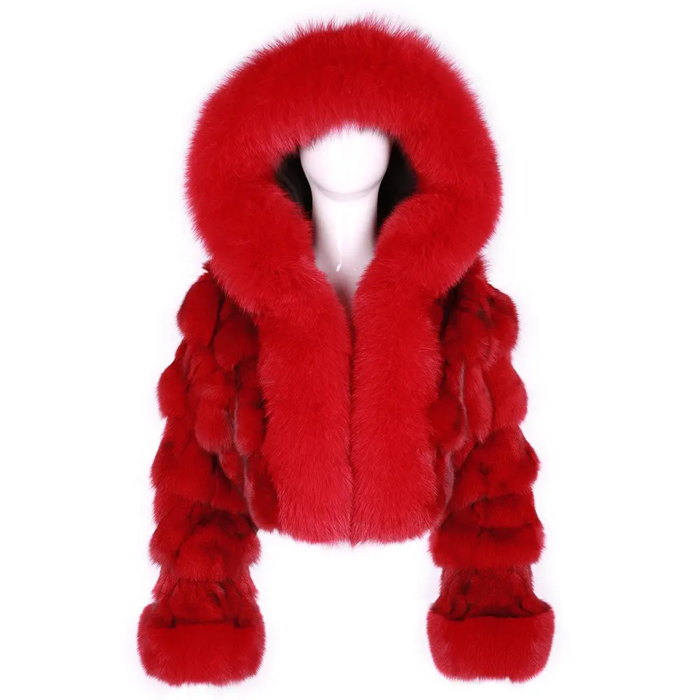 Vente en gros veste courte à capuche en fourrure de renard pour femmes, hiver chaud, haute qualité, veste colorée en fourrure de renard, haut court pour femmes