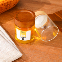 Récipient de stockage de miel 500g 350ml Pot de miel rond transparent en verre borosilicaté avec couvercle et cuillère en bois foncé