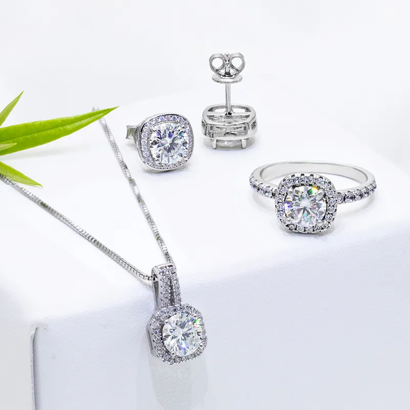 Conjunto de joyería de boda de moda, Collar de plata de ley 925, pendiente de anillo, VVS, Diamante de moissanita de color blanco D, 0,5 CT
