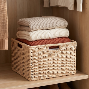 Handwoven <b>Square</b> Seagrass <b>Storage</b> <b>Basket</b> with Built-in Handles, Natural Wicker Cube Organizer Bin for Shelves and Closets - Product Image 5