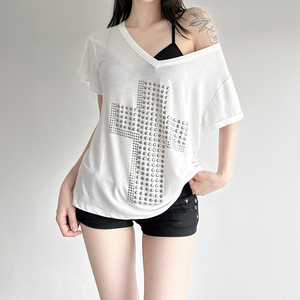 Camiseta de Manga Corta con Hombro Descubierto y Pedrería Cruzada, Estilo Y2K, Sexy, para Mujer, Venta al Por Mayor, 2026 - Product Image 5