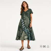 Gaun Midi Wanita 100% Katun Grosir, Model Trapeze Santai, Cetak Grafis Botani, Musim Semi Musim Panas, Vancouver, Ramah Lingkungan, Hutan Hujan, Kasual
