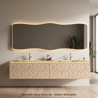 Meuble de salle de bain double vasque en aluminium gravé géométriquement avec miroir intelligent et plateau en marbre, 1800 mm, grand format, pour usage hospitalier