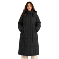 Manteau long d'hiver surdimensionné pour femme, en duvet écologique, coupe-vent, avec capuche amovible, poignets côtelés et cordon de serrage latéral pour ajuster la taille