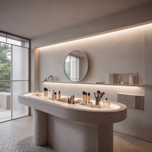 Aménagement intérieur de boutique de parfums et cosmétiques sur mesure Wabi Sabi en travertin, mobilier complet pour magasin, présentoir de beauté pour la vente au détail - Product Image 2