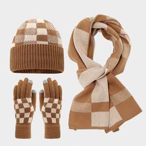 Conjunto de Gorro, Bufanda y Guantes de Punto a Cuadros para Invierno, Estilo Coreano, Cálido y Resistente al Frío - Product Image 1