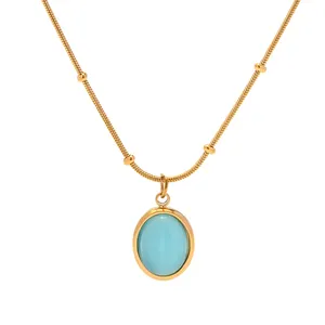 Trendy Bead Chain Stone Necklace Stainless Steel Oval Shape Light Blue Stone Pendant Necklace