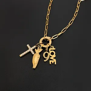 Collana eManco in acciaio inossidabile color oro stile Y2K con ciondoli a forma di ananas, LOVE, perle e cristalli, gioielli alla moda all'ingrosso. - Product Image 5