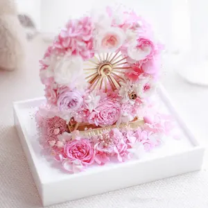 L157 High Quality Real Touch Luxury Pink Purple Ferris Wheel Preserved Roses Flowers In Acrylic Gift Box For Wedding Gift