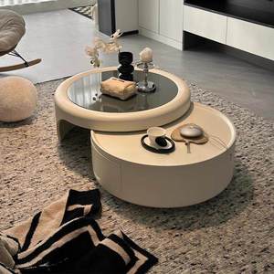 <span class=keywords><strong>Table</strong></span> <span class=keywords><strong>basse</strong></span> ronde de style crème pour appartement, avec plateau en verre, simple et abordable, avec rangement, en promotion - Product Image 4