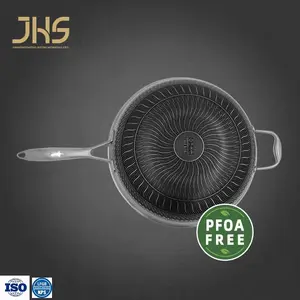 Fabricante Alta Qualidade Tri Pry 304 Aço Inoxidável Revestimento Antiaderente Honeycomb Wok Com Stay Cool Long Handle