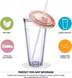 Bouteille d'eau de voyage réutilisable personnalisée de 12 oz, 16 oz, 22 oz, gobelets à double paroi, gobelets en plastique transparent pour jus avec paille et couvercle - Product Image 3