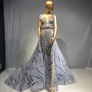 Gaun panggung putri duyung, gaun malam dengan kereta api, gaun panggung kristal berlian imitasi tanpa lengan leher v