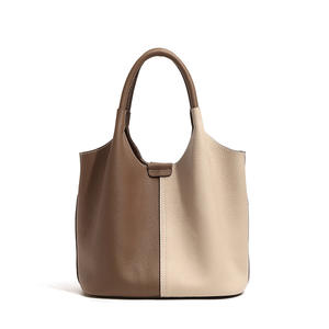 Nouveau sac fourre-tout en cuir véritable haut de gamme à couleur contrastante, fermeture éclair, doublure en polyester, sac à main panier pour femme, vente en gros - Product Image 6